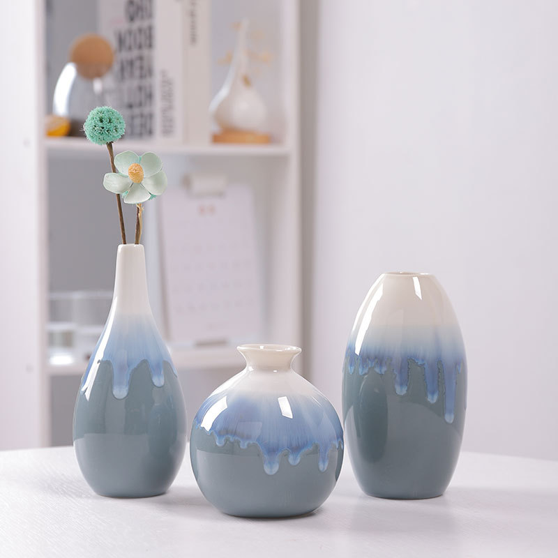 Flow glaze kiln blue ceramic vase decoration home decoration plain burning white vase flower holder three-piece set cross-border