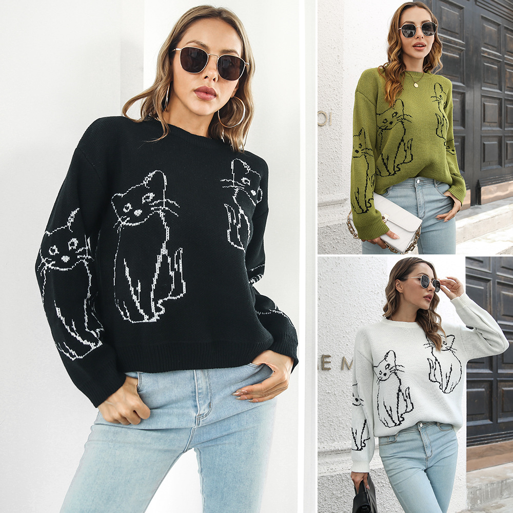 Cat Jacquard Sweater Women's Loose Autumn and Winter Long Sleeve Amazon European and American Knitwear Foreign Trade Cross-border Sweater New