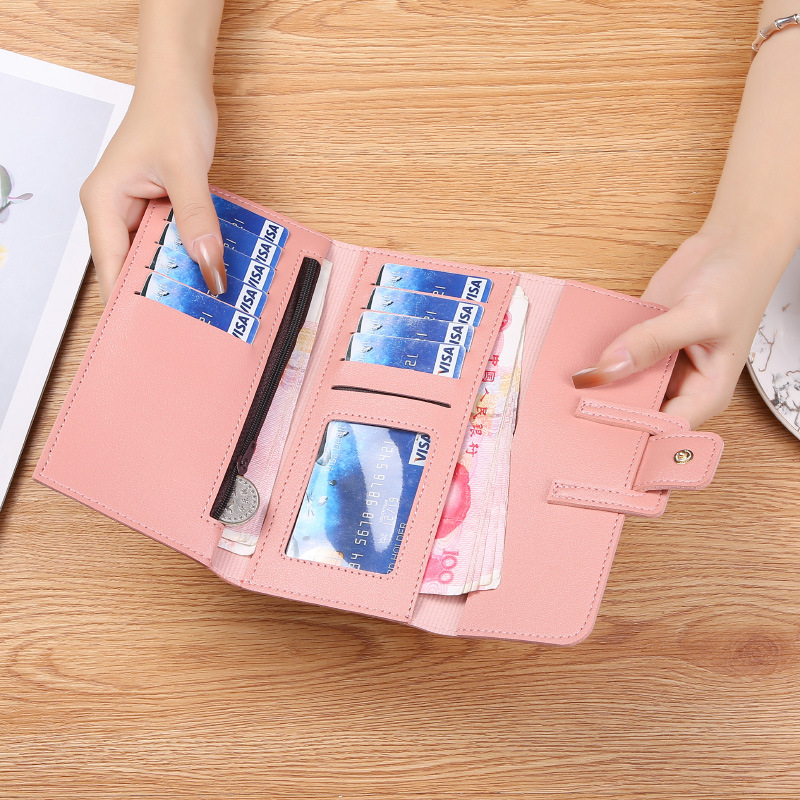 Women's Wallet Women's Long Three-fold Flip Cover Korean Style Fresh Style Student's Change Holder Multi-function Buckle Wallet for Foreign Trade