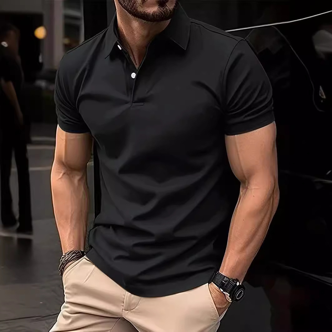 2024 New Amazon Cross-border Men's Casual Solid Color Button Short-sleeved T-shirt Bead Small Twill Polo Shirt for Men