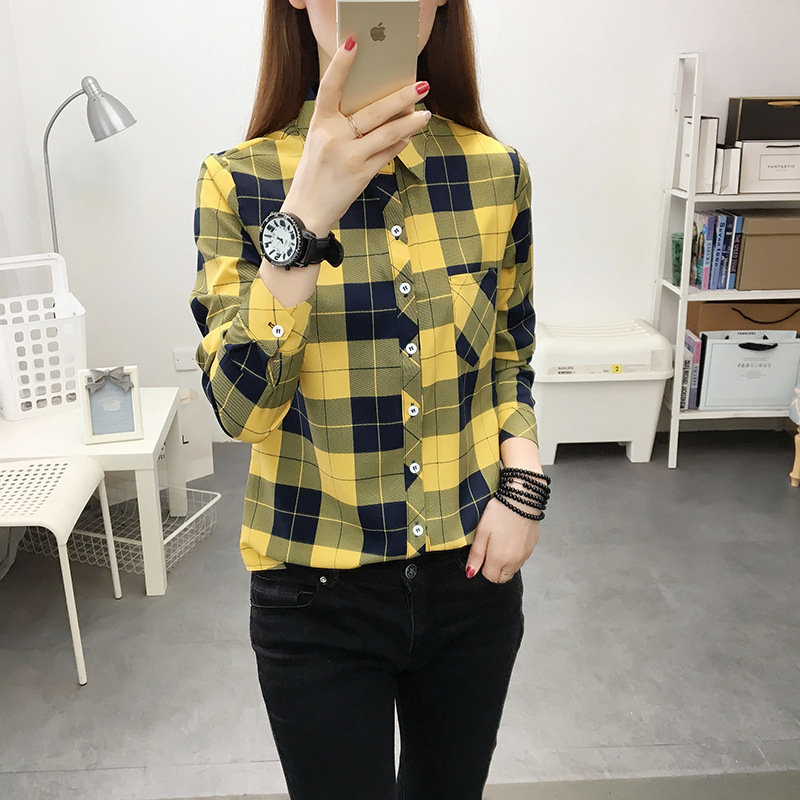 Printed Plaid Shirt Women's Shirt Korean-style Hong Kong-style Base Shirt Top Cardigan Long-sleeved Shirt Fashion Plaid Shirt