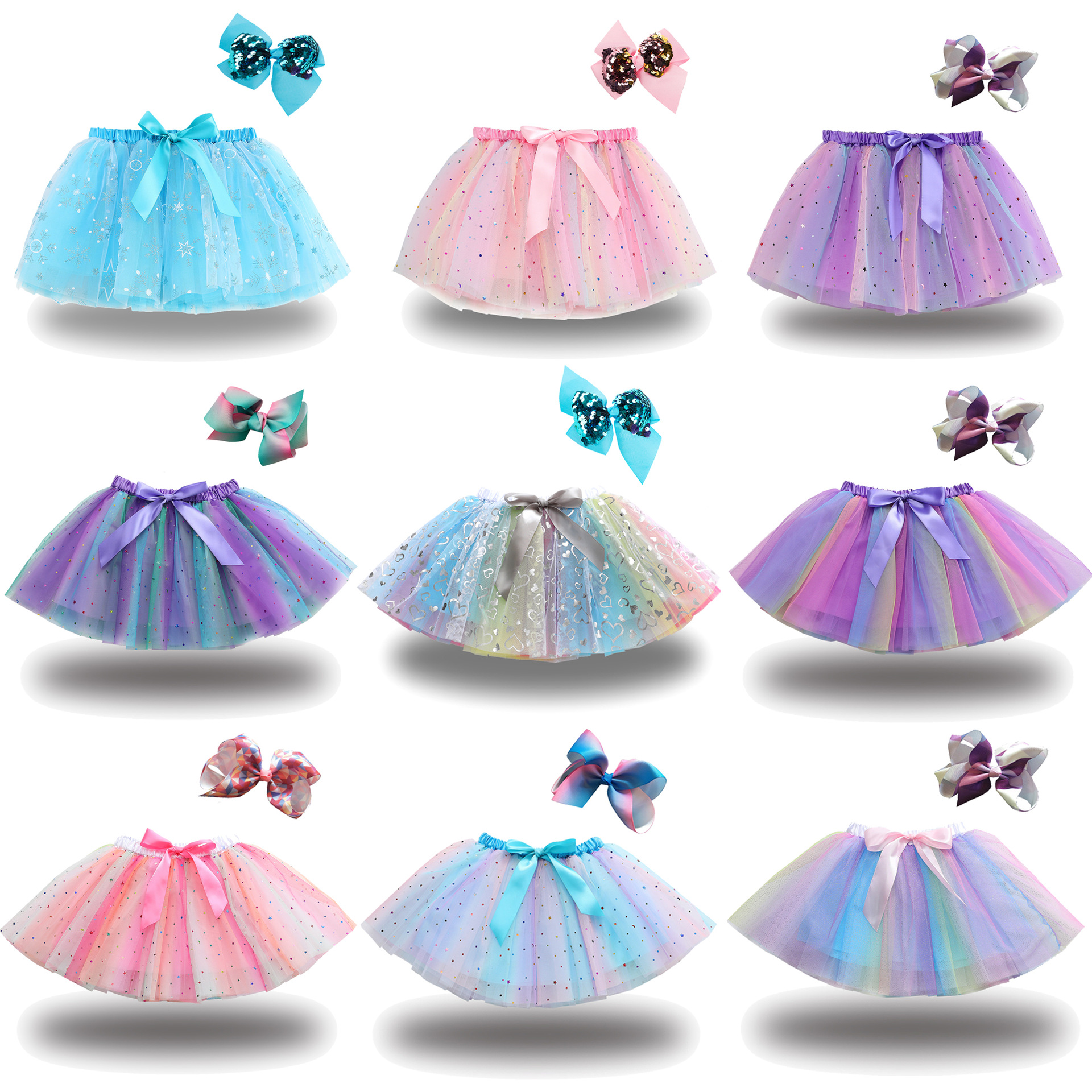 Girl's Bust Skirt with Lining Convex Skirt with Bow Hairpin Star Moon Mesh Tutu Skirt Children's Wear