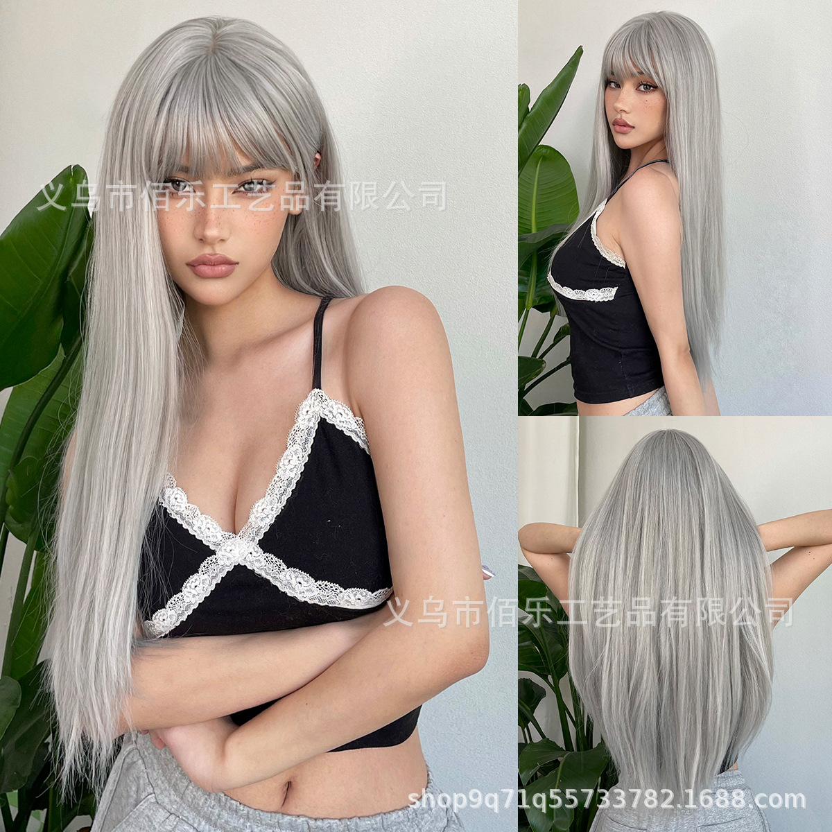 Hot sale wig silver gray straight bangs long hair high temperature silk coaplay factory cross-border wholesale wigs