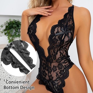 Lingerie lace passion perspective jumpsuit open back hot women's pajamas sexy underwear wholesale