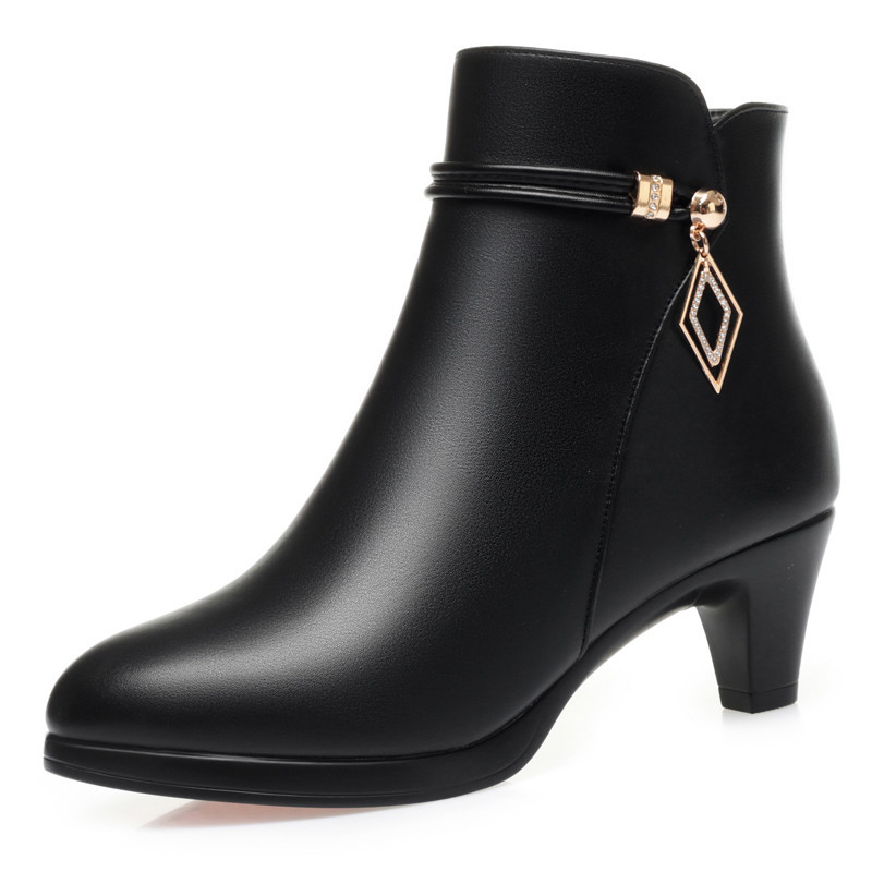 Women's short boots autumn and winter new cotton-padded shoes mid heel boots middle-aged women's leather boots single boots waterproof platform fleece-lined fashion women's boots