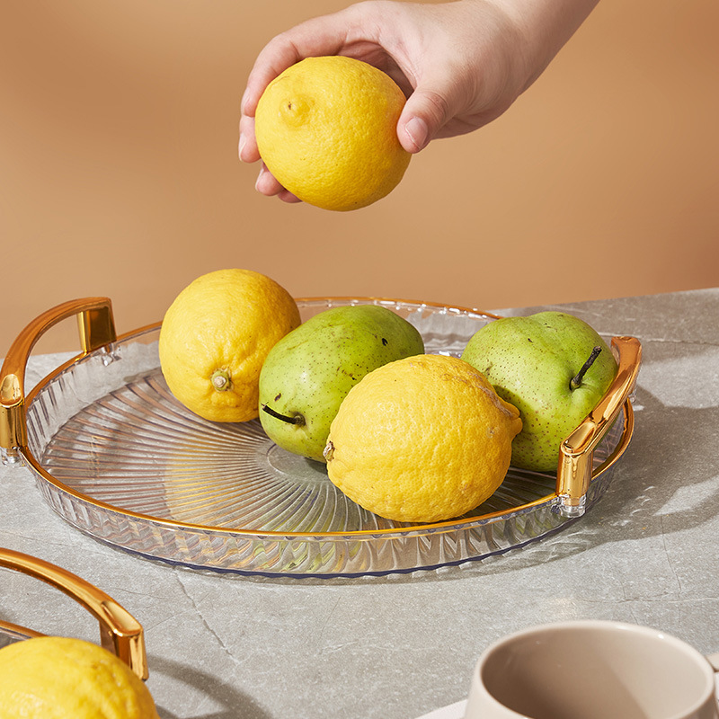 Golden edge transparent fruit plate plastic PET desktop portable large plate hotel reception tea table fruit basket factory wholesale