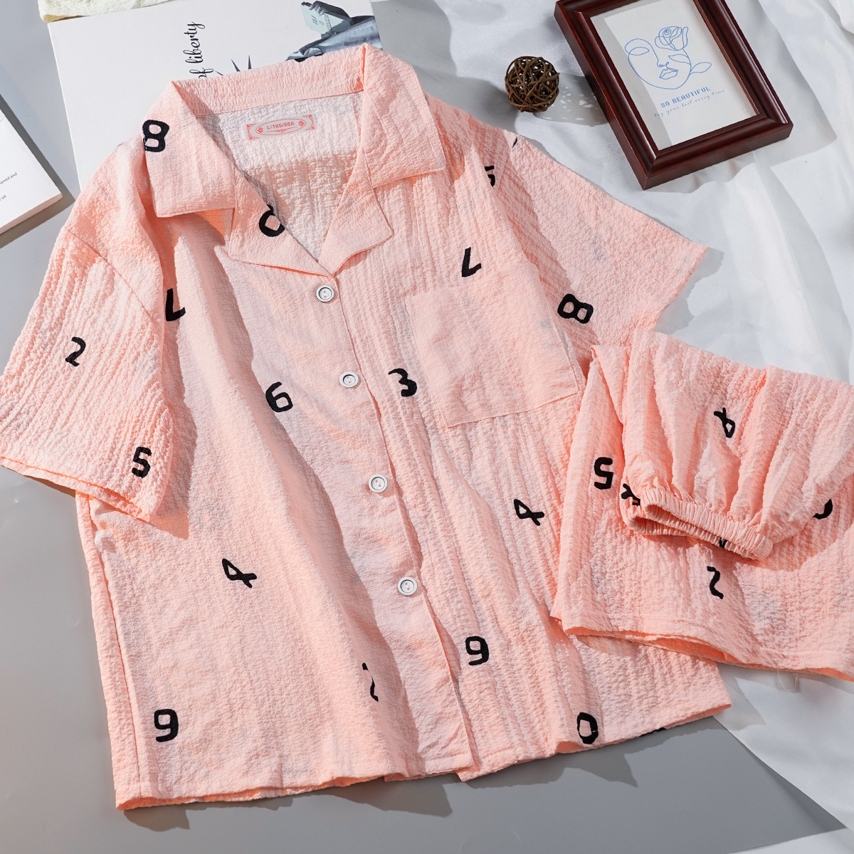 Summer short-sleeved cardigan pajamas for women woven bubble cotton wrinkled fabric ins cute thin cardigan home wear set