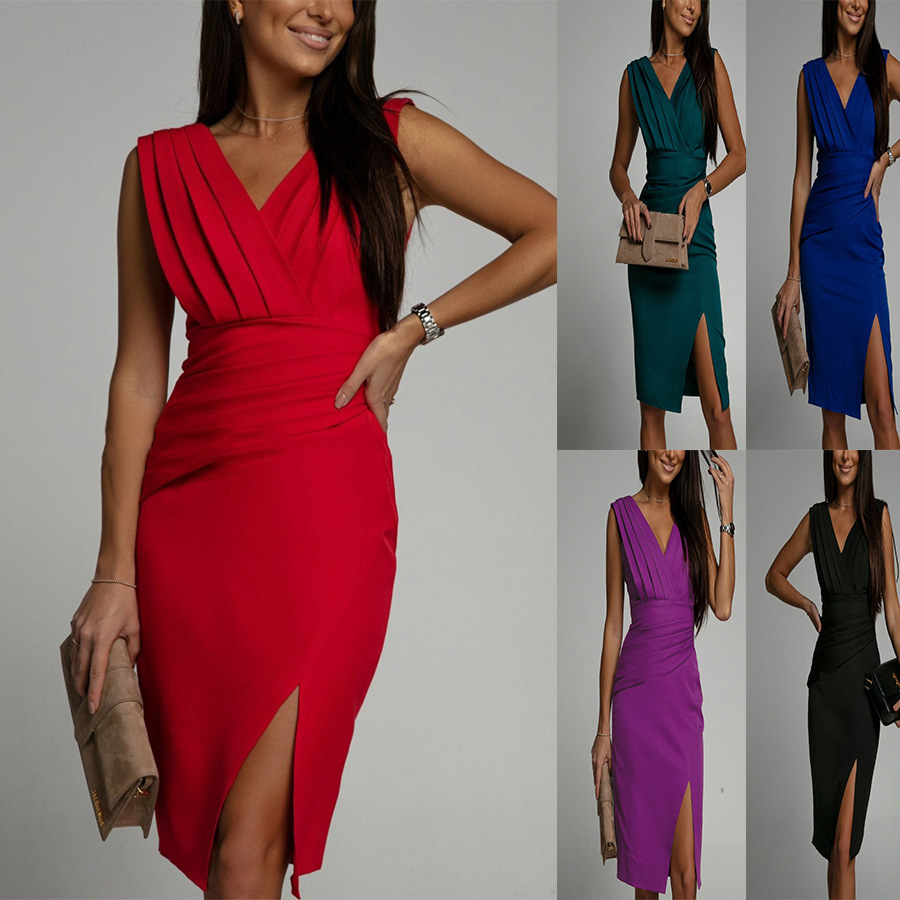 2023 Summer Cross-border Trade European and American Long Dress New V-neck Sleeveless Split High Waist Dinner Dress Women's Dress