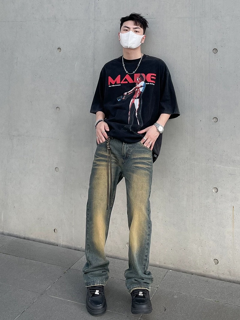 American-style high-street vibe distressed yellow mud-dyed washed jeans men's trendy ins straight micro-cleanfit pants