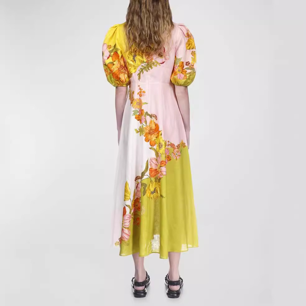 European and American cross-border 2024 New AliExpress independent station printing fashion puff sleeve all-match slim fit large swing dress