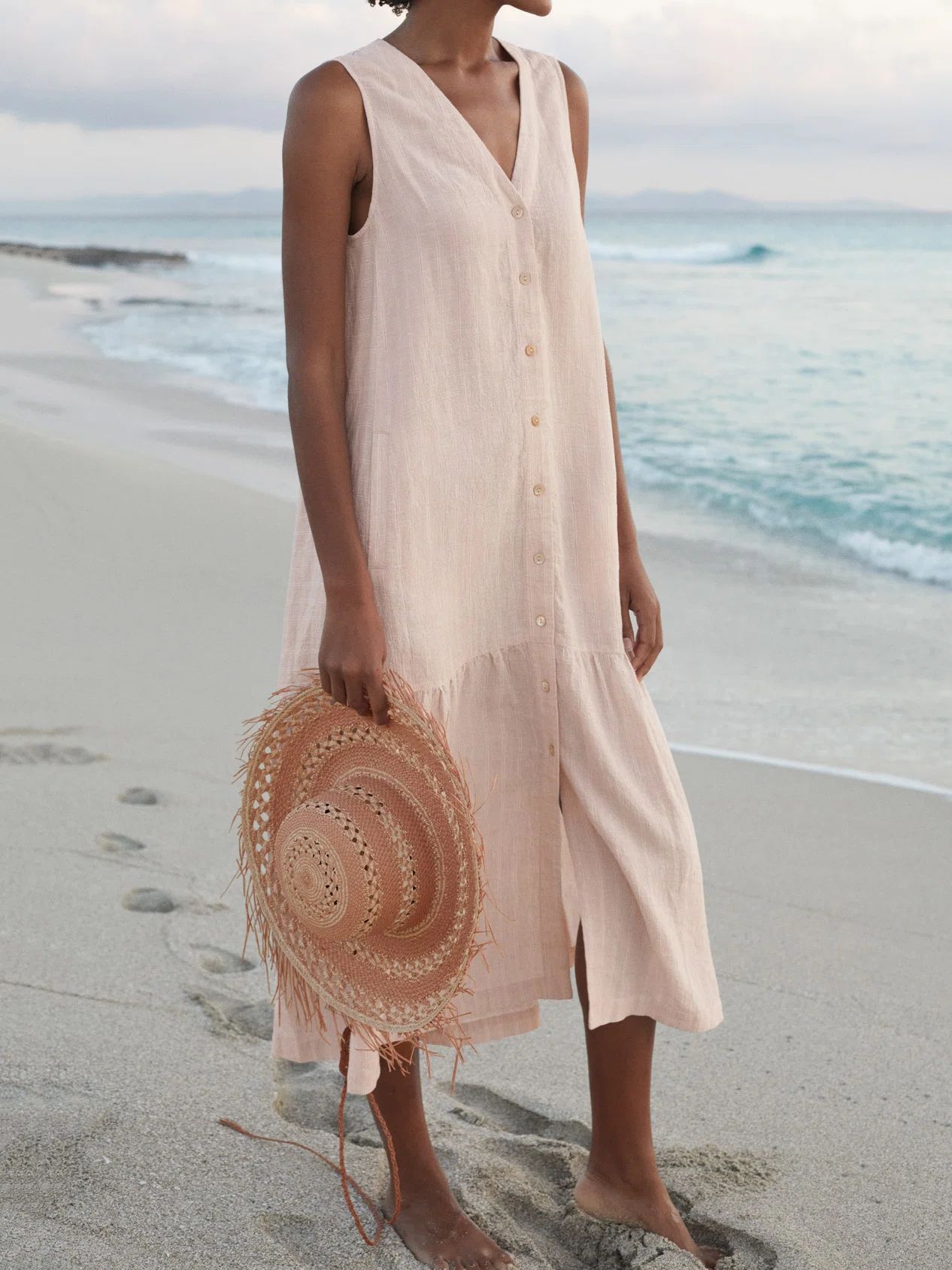 2023 Summer Foreign Trade Solid Color Cotton Sling Style Temperament Commuter Trendy Long Dress Loose Waist Pink Polka Dot Dress