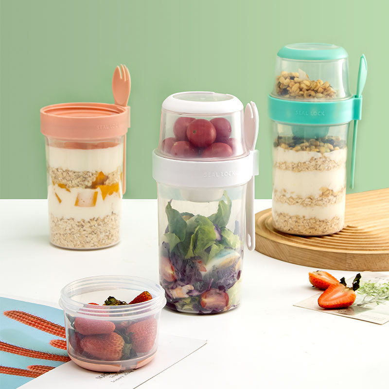 Cross-border labeling portable light food double-layer plastic salad cup breakfast salad cup with fork sealed office workers