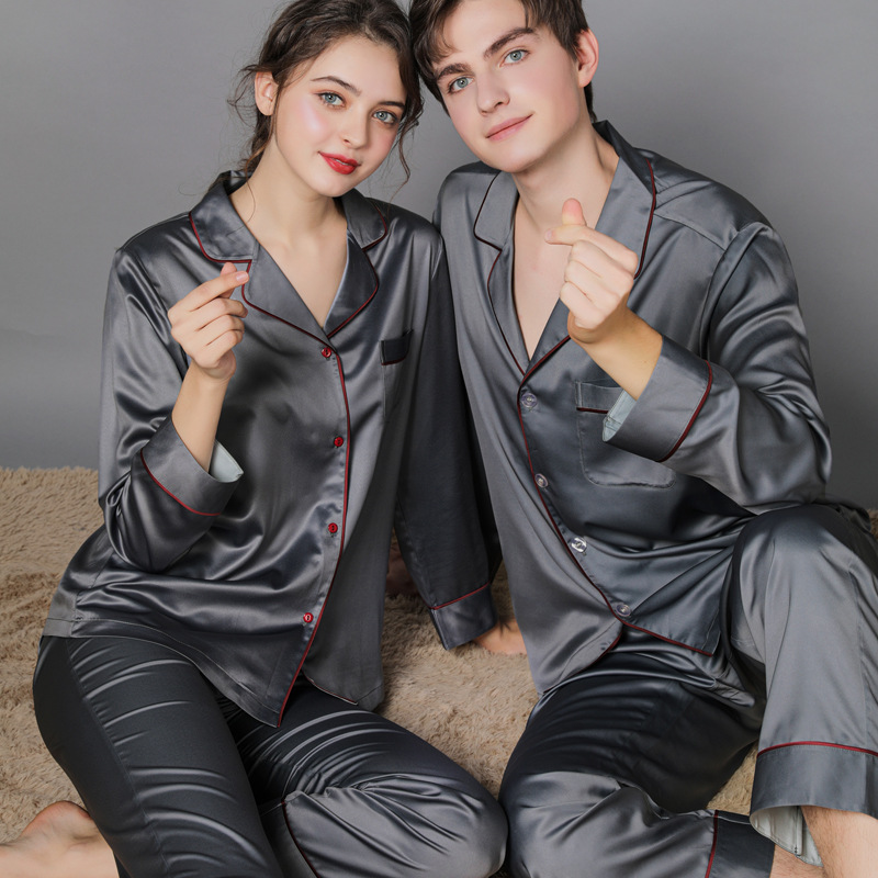 New Spring and Autumn Silk Couple Pajamas Women's Autumn Ice Silk Men's Pajamas Home Clothes Long Sleeve Large Size Suit