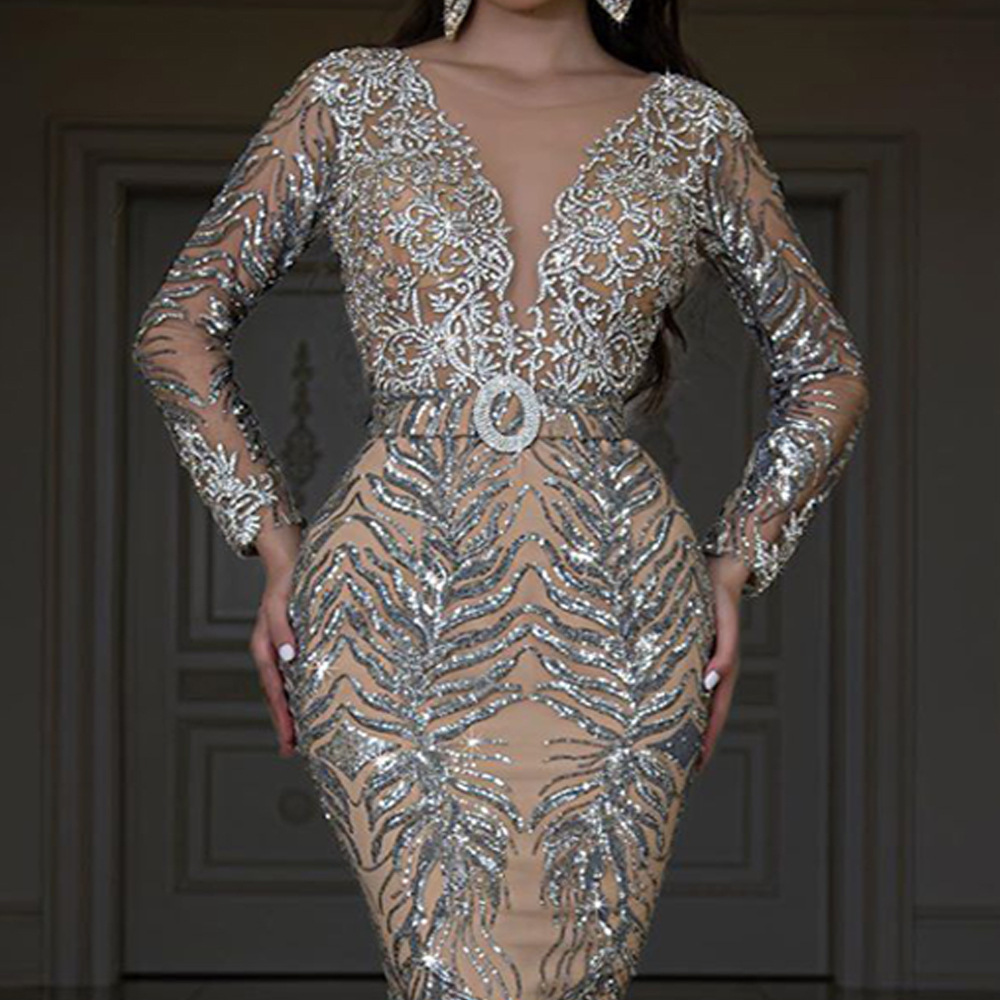 Spring 2023 New European and American Foreign Trade Women's Cross-border New Bronzing Long-sleeved Slim-fit Hip Sexy Long Dress Evening Dress
