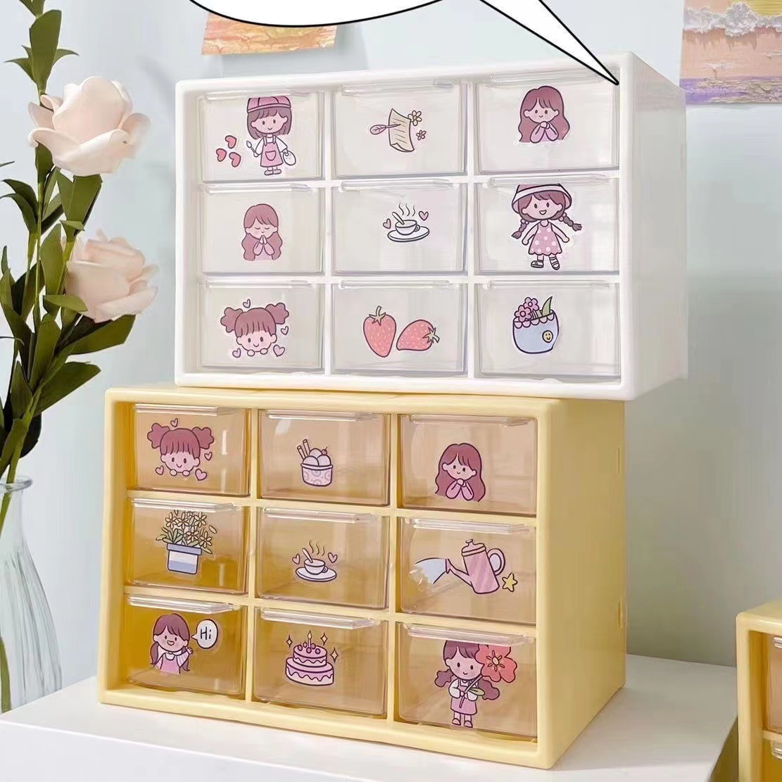 Shake Tone Same Style Girl's Heart Dormitory Desktop Dust-proof Drawer Style Stationery Jewelry Jiugongge Storage Box