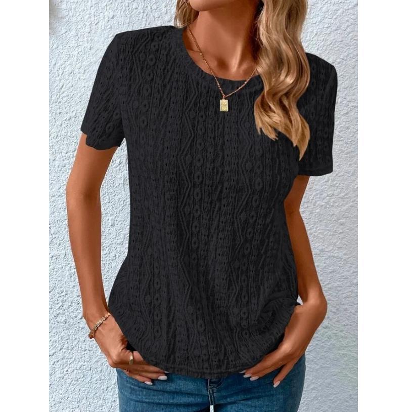 Amazon 2023 European and American Foreign Trade Cross-border Women's Summer Comfortable and Fresh and Sweet Round Neck Hollow Short-sleeved T-shirt for Women