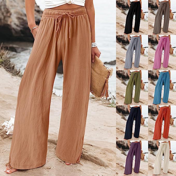 2023 Summer TEMU Amazon European and American Cross-border Women's New Cotton and Linen Wide Leg Drawstring Beach Pants Casual Pants for Women
