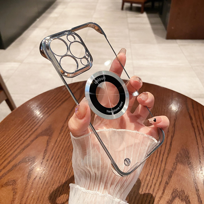 電鍍無邊框15漏標磁吸適用iPhone14ProMax手機殼透明蘋果13保護套