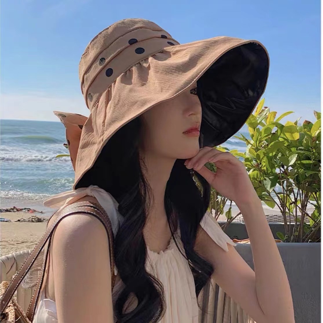 Sun hat women's summer big brim Korean style all-match UV protection face cover fisherman hat Japanese style polka dot bow travel