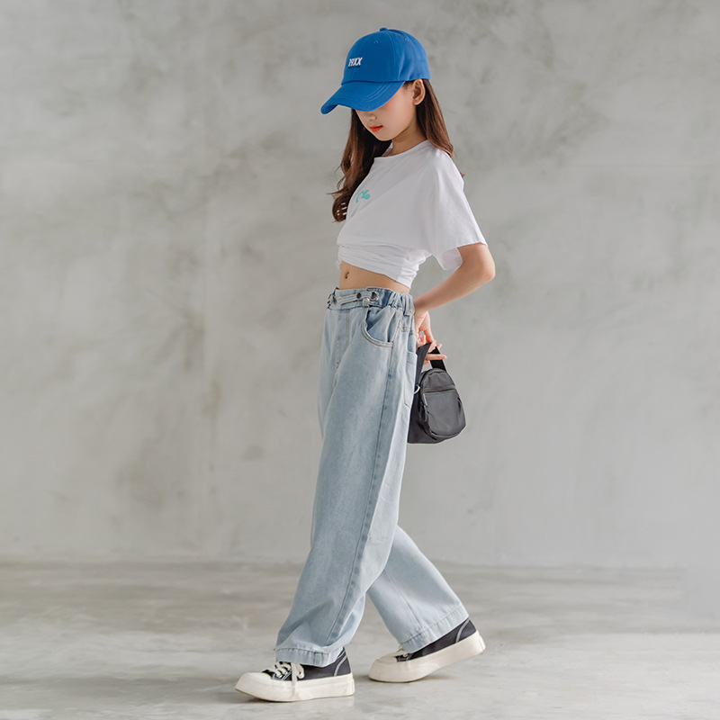 Children's Spring Pants 2024 New Style Korean Wide Leg Jeans Girls Styline Casual Children's Wear Trousers