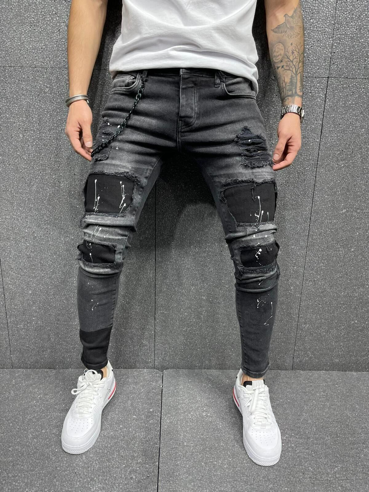 European and American Men's Ripped Printed Jeans Amazon Sell New Stretch Peg Jeans