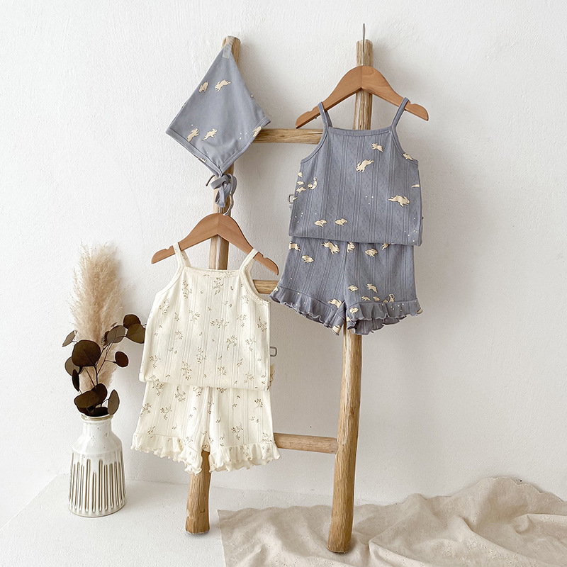 Summer New Nordic Style Girls' Pajamas Category A Pure Cotton Thin Home Clothes Girls' Sling suit Baby Clothes