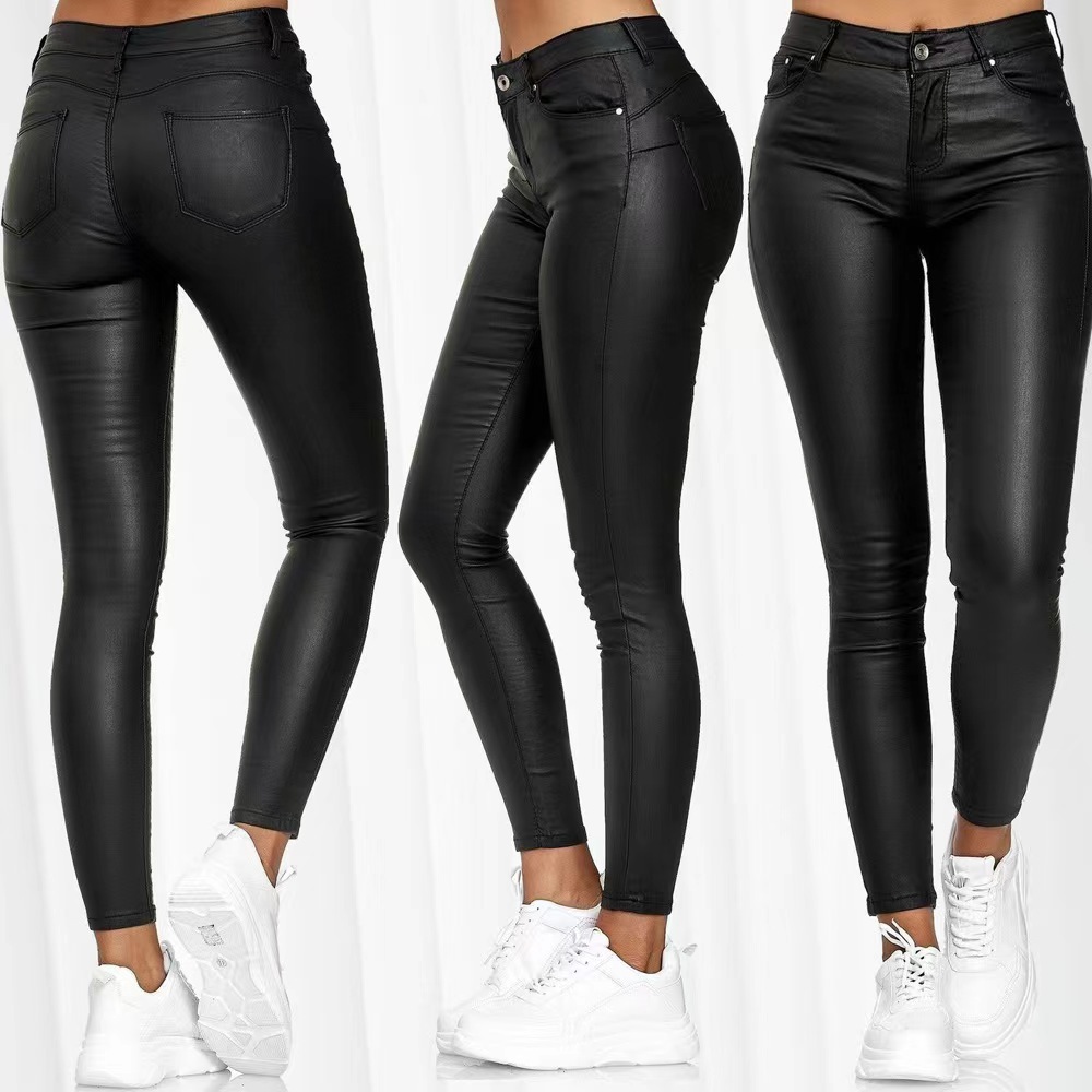 New independent station European and American women's Amazon high waist casual pants leggings foreign trade PU leather tights wholesale