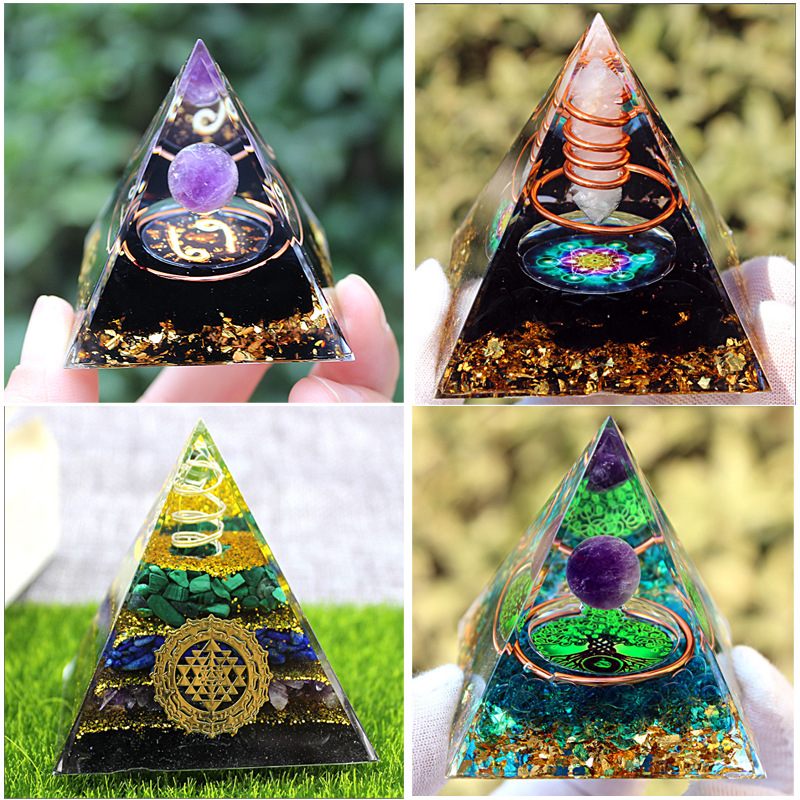 Cross-border New Products Natural Crystal Gravel Resin Pyramid Family Ornaments Handicrafts Home Ornaments Chakra