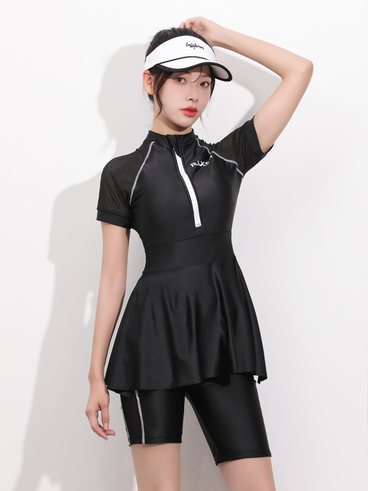 2022新款專業速干運動學生泳衣女短袖分體裙式高腰顯瘦兩件套保守