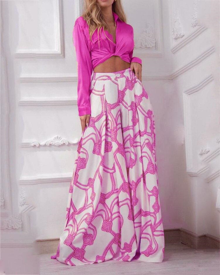 2022 South American Women's New Printed Casual Suit Lapel Sexy Strap Shirt High Waist Wide Leg Pants Two-piece Set