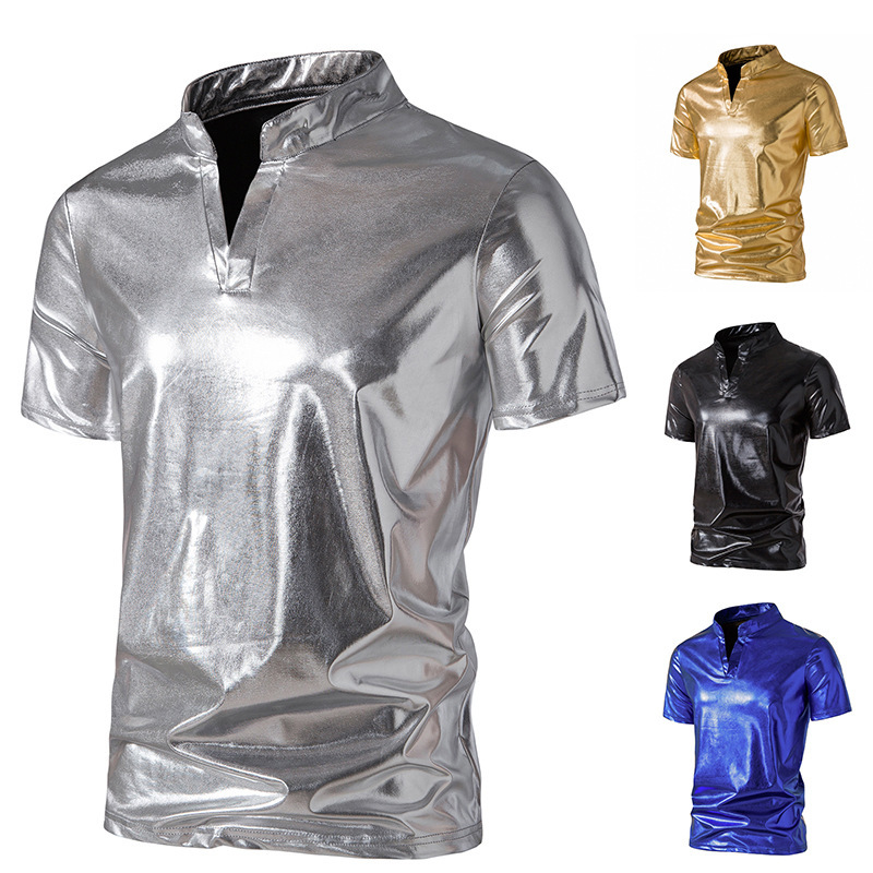 2023 foreign trade new nightclub style solid color bronzing men's casual short-sleeved V-neck T-shirt glossy Henry collar polo shirt