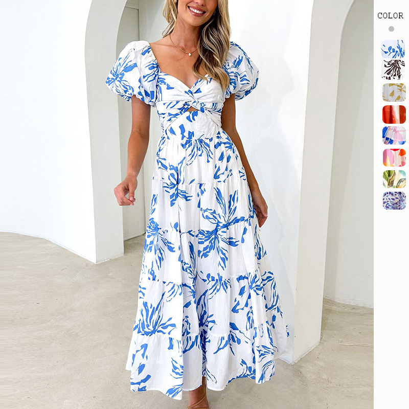 Cross-border Europe and the United States 2024 Spring and Summer New Amazon Elegant Slim-fit Printed Puff Sleeve High-end dress Women