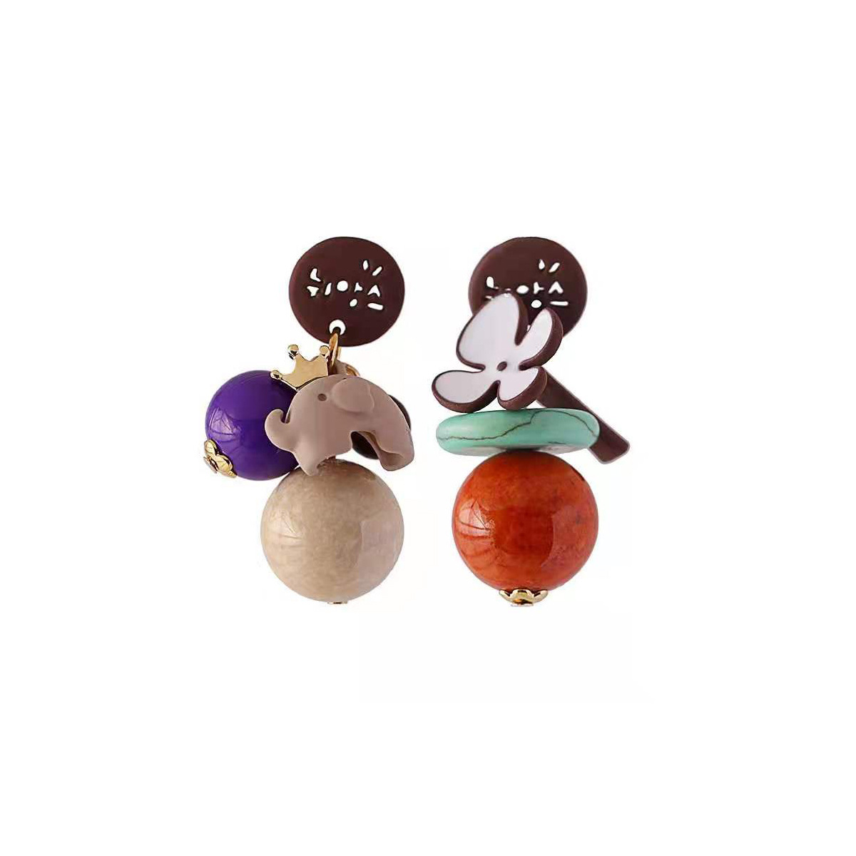 South Korea Dongdaemun Asymmetric Cartoon Elephant Colour Ball Ear Stud Elegant Sweet Irregular Flower Ear Earrings Trendy