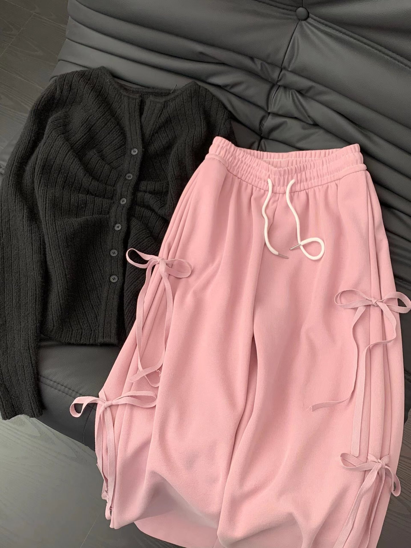 New Korean style retro bow lace-up straight sweatpants women's early spring niche design loose casual wide-leg pants