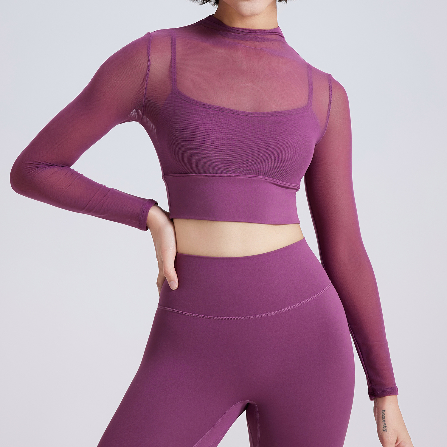 Sexy mesh yoga wear long sleeves with chest pad running quick-drying sports bra one-cup fitness wear top