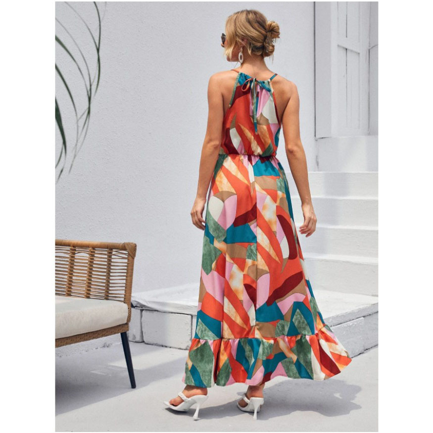 New printed ruffle hem neck dress holiday style printed dress sleeveless dress spot