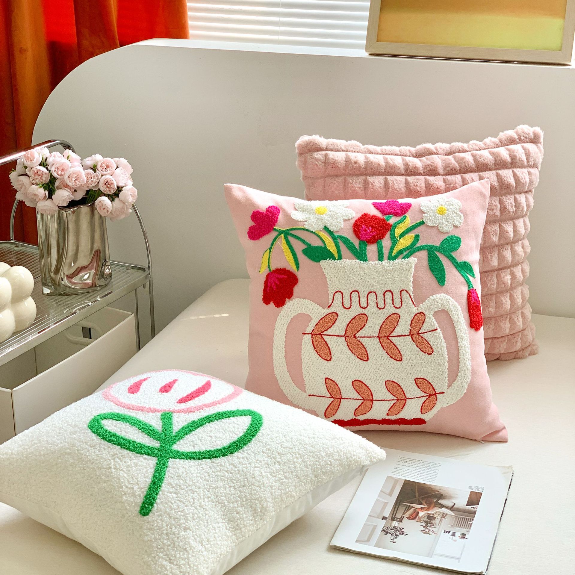 Light Luxury Cream Ins Style Pillow Girl Tulip Plush Pillow Living Room Cute Sofa Pillow Bedroom Cushion