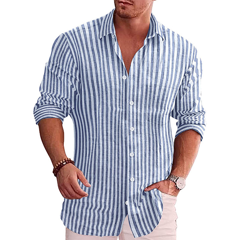 2023 foreign trade autumn and winter fit European and American men's long-sleeved shirt men's ordinary casual youth lapel striped lining