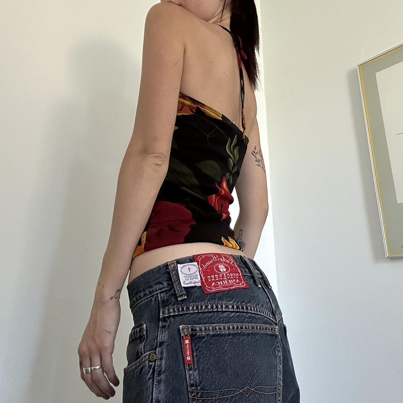 2024 Cross-border New Retro Floral Printed Neck Small Sling Female Spice Girl Slim-fit Hollow-out Lace-up Knitted Top