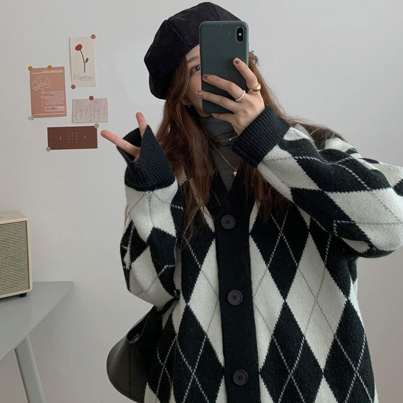 Spring and Autumn New Japanese and Korean-style Diamond-shaped Lazy Style Women's Knitted Cardigan Sweater Loose Contrast Coat Top