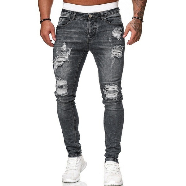 Foreign trade new wish European and American men's pants with holes and White slim fit denim pants fashion leggings men's 8846