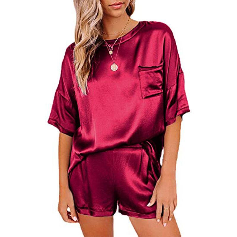 Spring and Summer 2024 European and American suit Solid Color Chiffon Sleeping Clothes Short Sleeve Short T-shirt Pants Loose Casual Two-piece Set