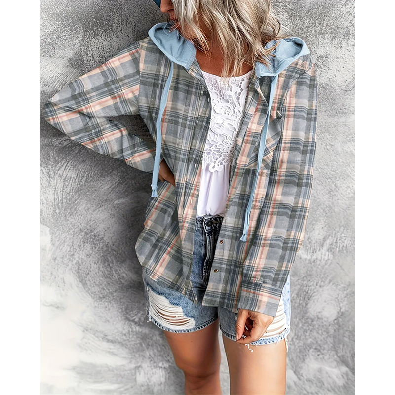 Cross-border European and American Foreign Trade women's clothing 2023 Amazon autumn and winter New hooded sweater breasted casual shirt jacket