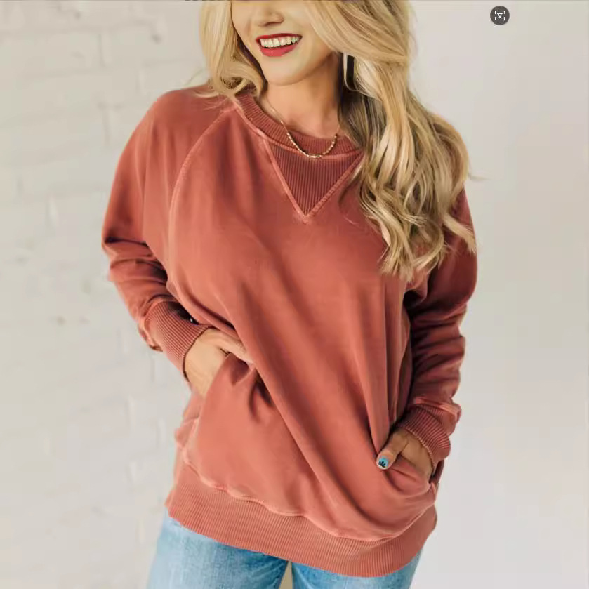 European and American Cross-border Autumn and Winter New Women's Rib Decorative Pocket Pullover Amazon Explosions Long Sleeve Loose Sweater