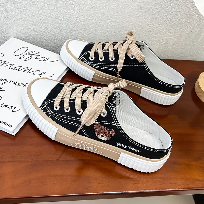 Bear Canvas Shoes Women's 2023 Summer New Low-top Casual Sneakers Flat Trendy Slippers All-match Half Slippers
