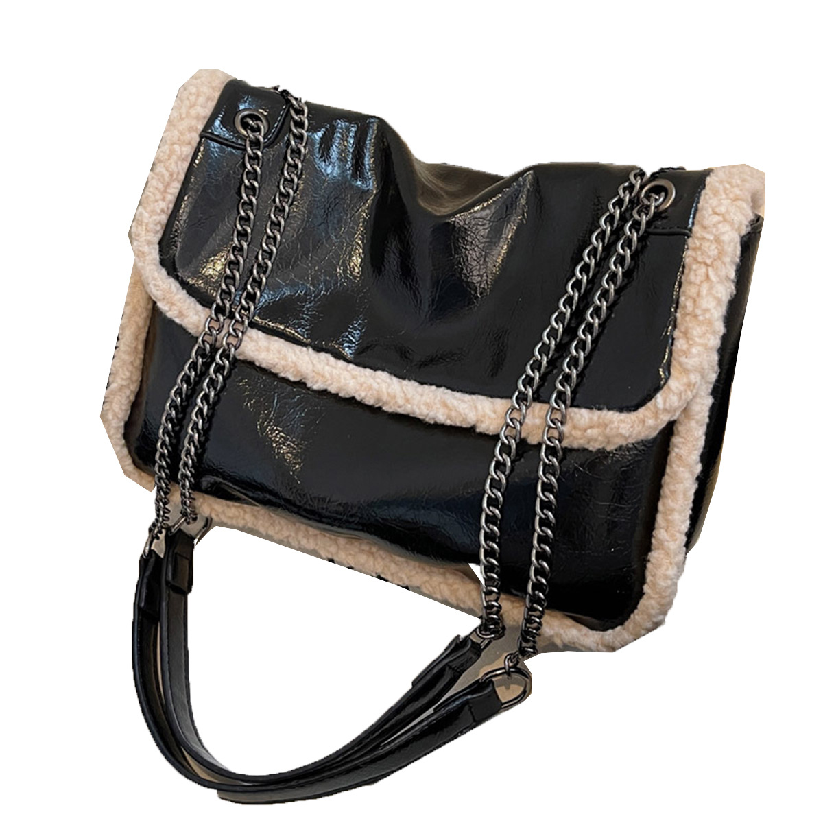 New fashionable lamb fur patent leather chain texture casual design college style one-shoulder cross-body hobo bag