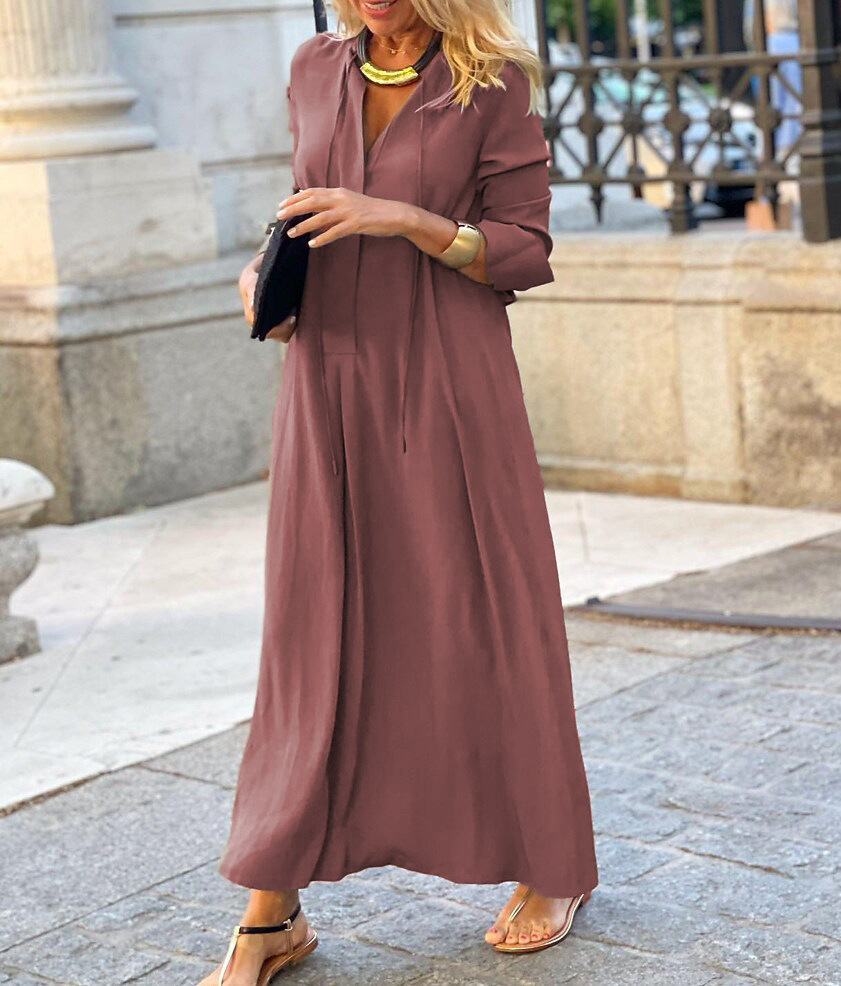 2022 Europe and the United States cross-border new large skirt solid color lapel long sleeve simple casual long shirt dress