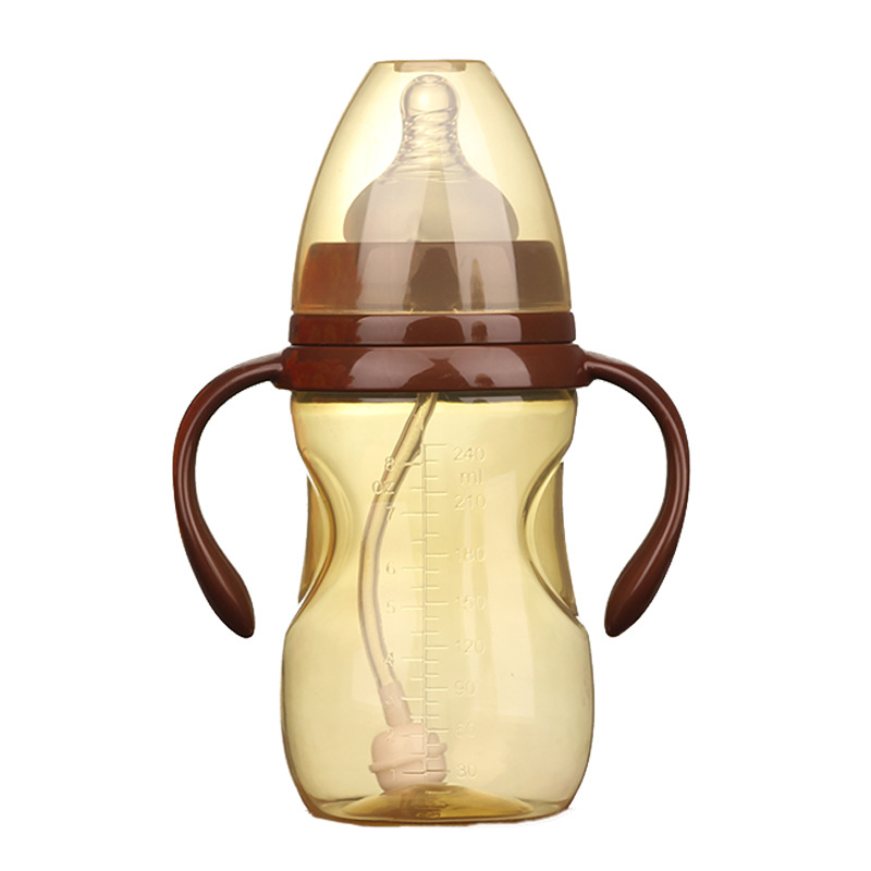 Wholesale baby wide caliber PP feeding bottle with handle nipple straw Baby Big feeding bottle supplies