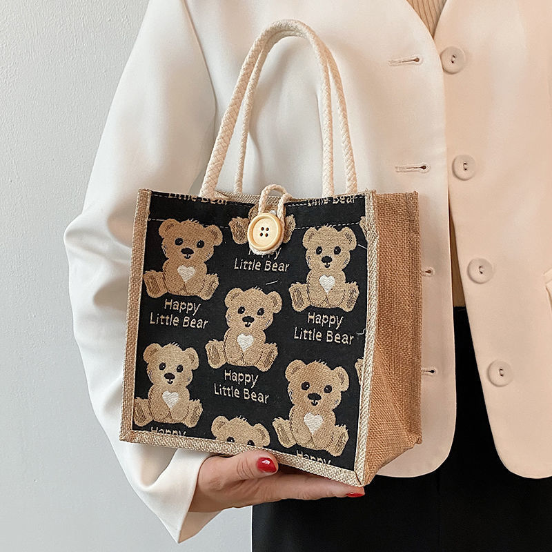 Little Bear Linen Handbag Women's Out Hand Bag 2021 New ins Japanese Canvas Bag Student Shoulder Bag