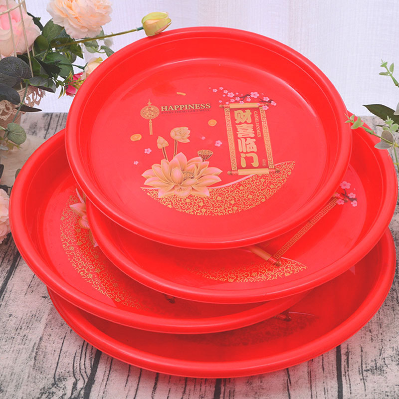 Chinese Style Plastic Fortune Happy Door Round Plate Festive Big Red Flat Plate Wedding Buddha Worship Tray Tea Tray